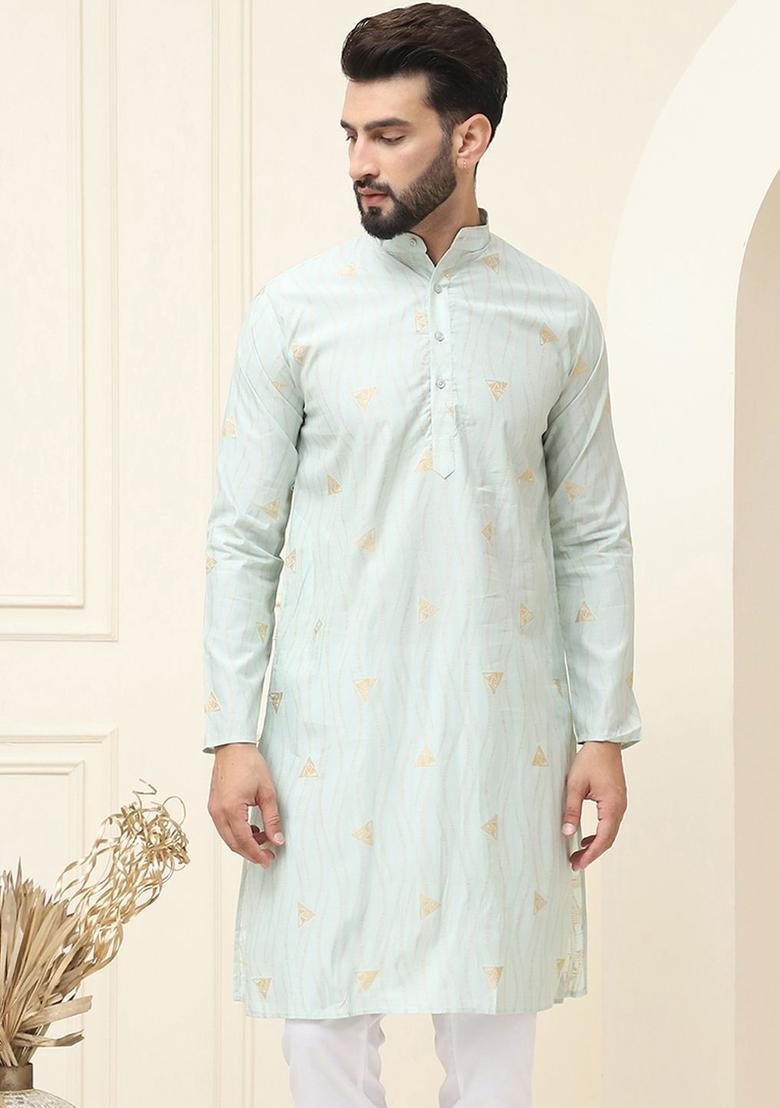 Green Woven Design Cotton Kurta For Men - Indya