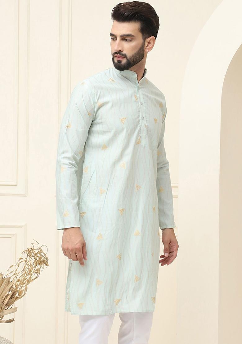 Green Woven Design Cotton Kurta For Men - Indya