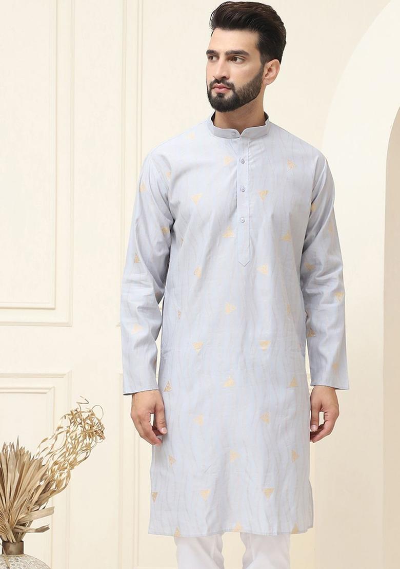 Grey Woven Design Cotton Kurta For Men - Indya