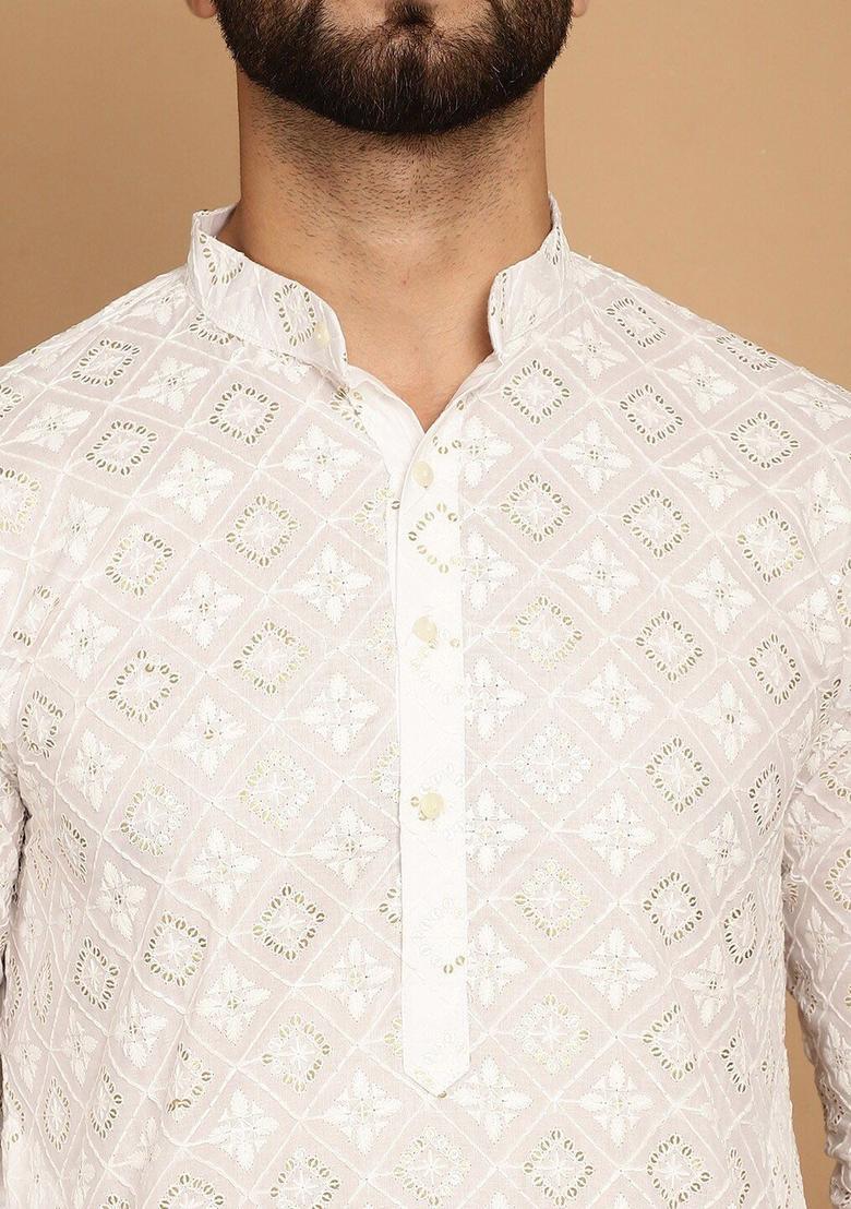White Embroidered Cotton Kurta For Men - Indya