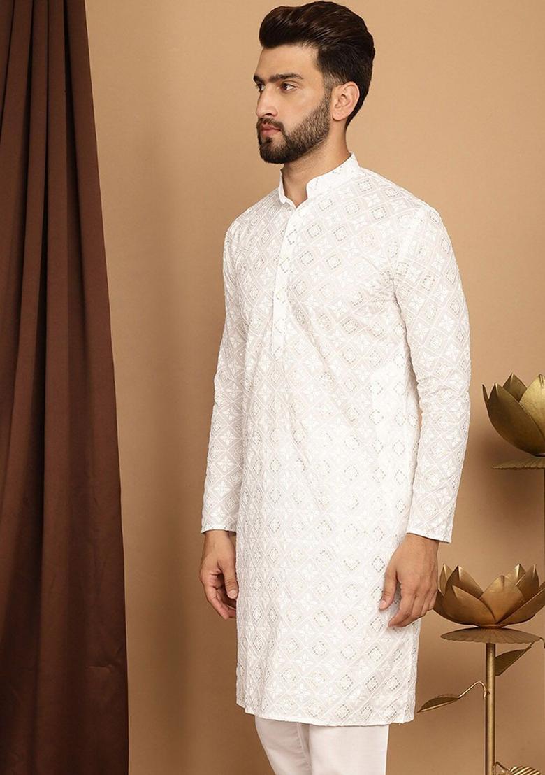 White Embroidered Cotton Kurta For Men - Indya