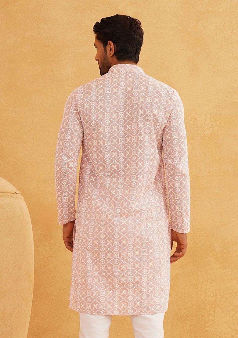 Pink Embroidered Cotton Kurta For Men - Indya