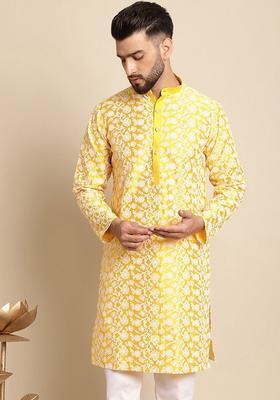 Yellow Embroidered Silk Kurta For Men