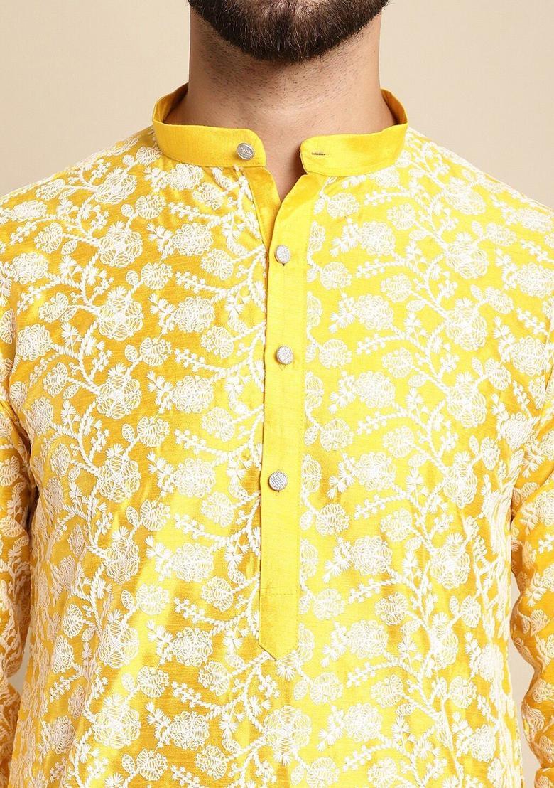 Yellow Embroidered Silk Kurta For Men - Indya
