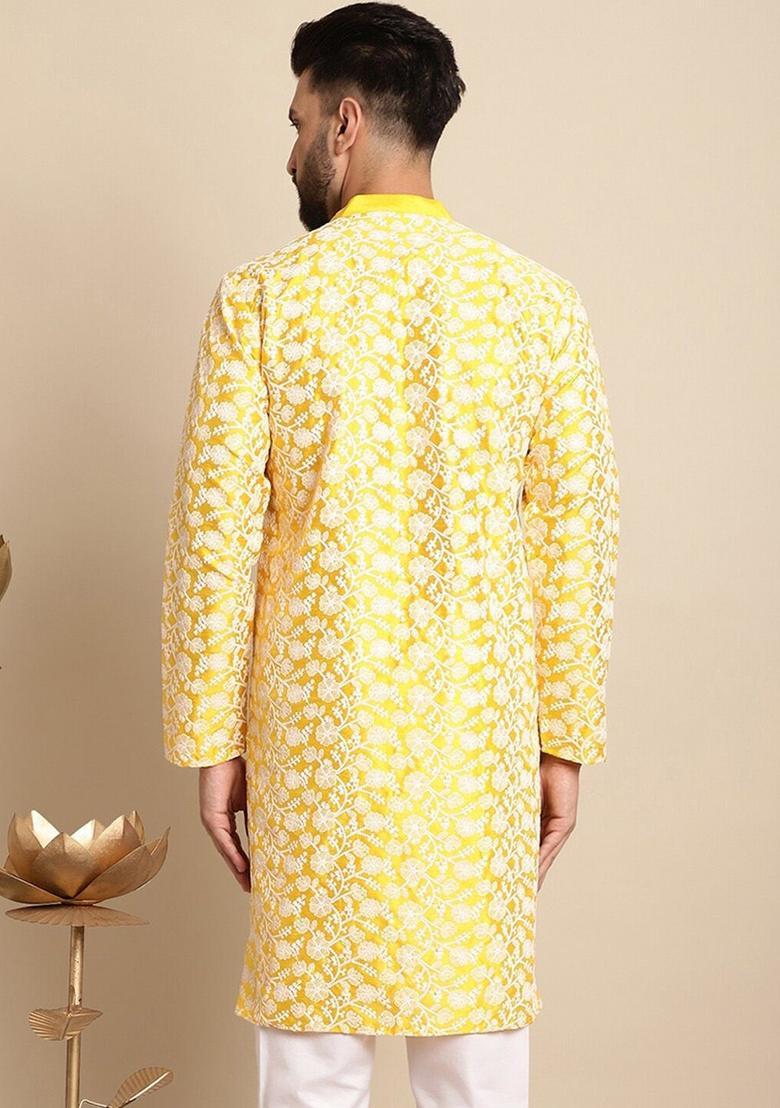 Yellow Embroidered Silk Kurta For Men - Indya