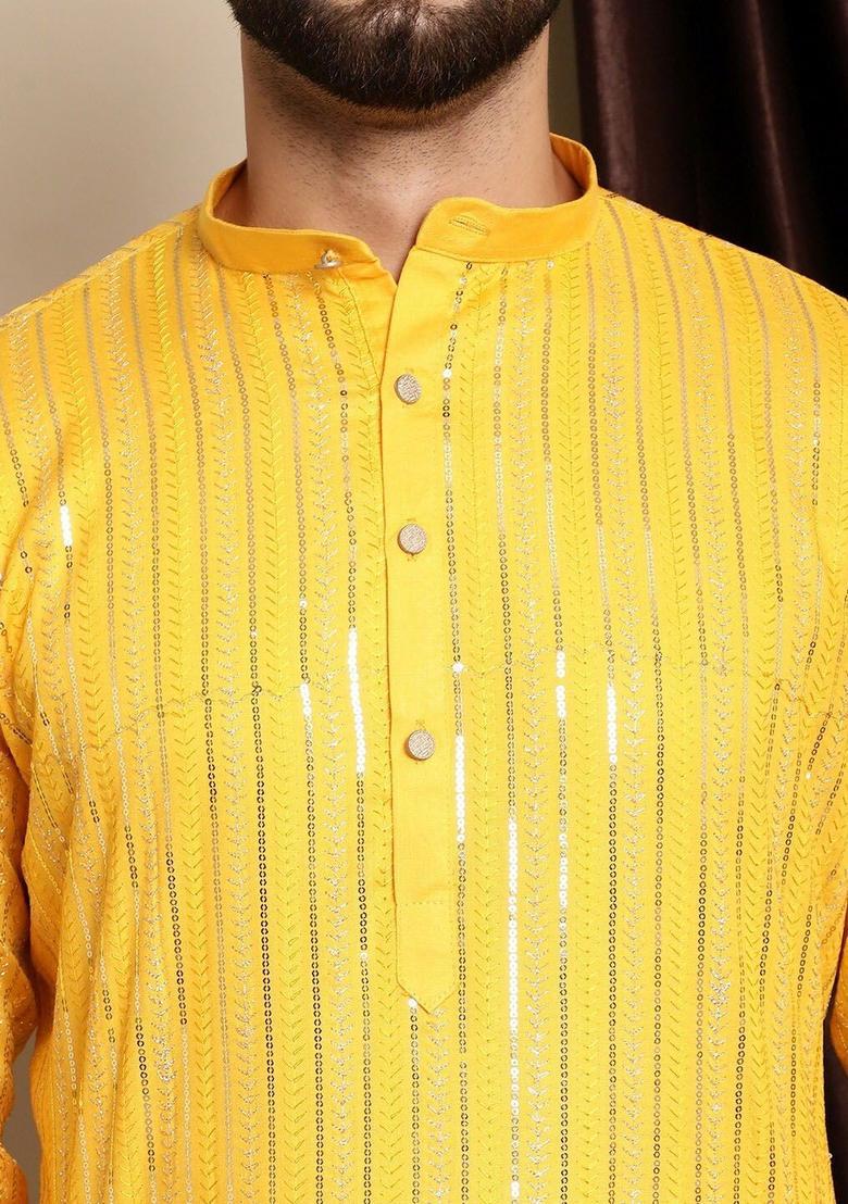 Yellow Embellished Cotton Kurta For Men - Indya