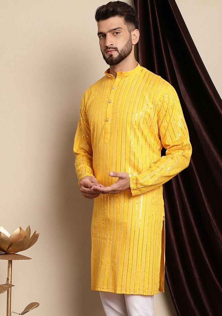 Yellow Embellished Cotton Kurta For Men - Indya