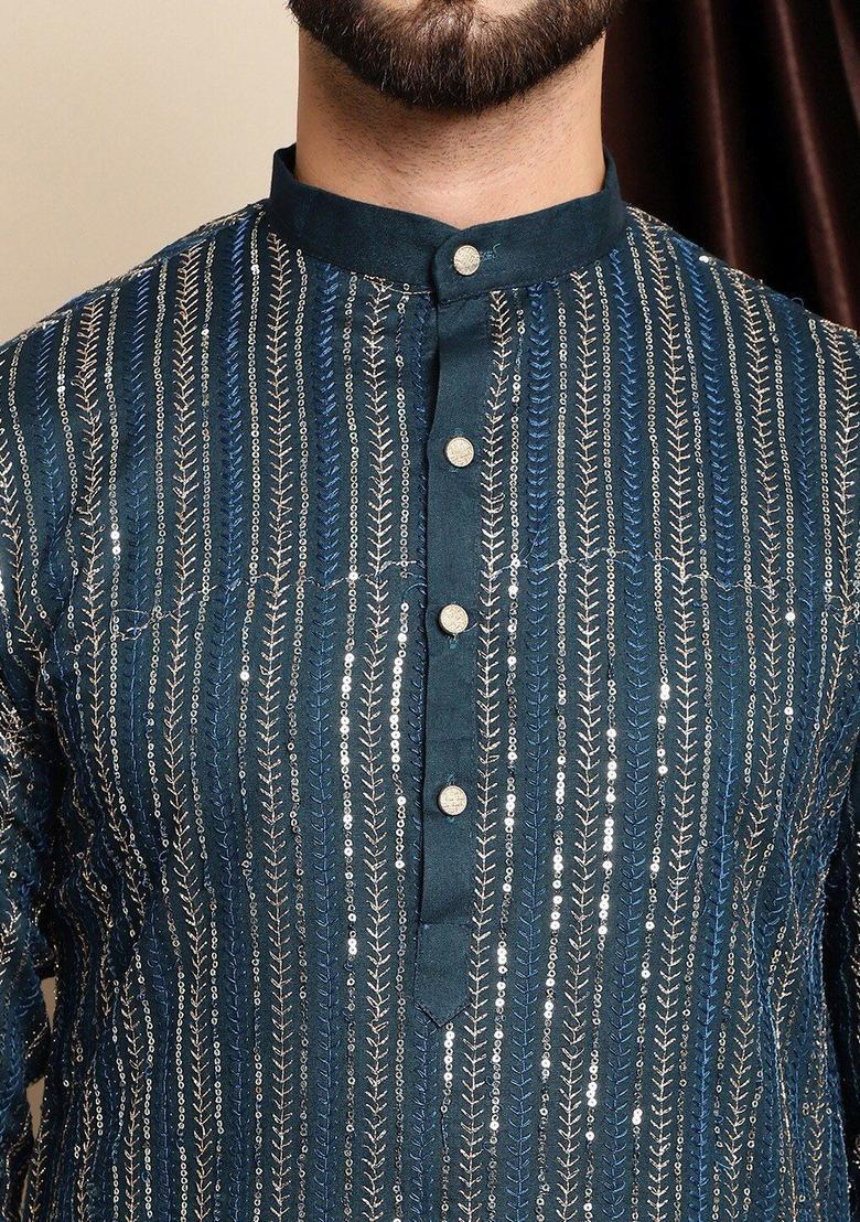 Blue Embroidered Cotton Kurta For Men - Indya