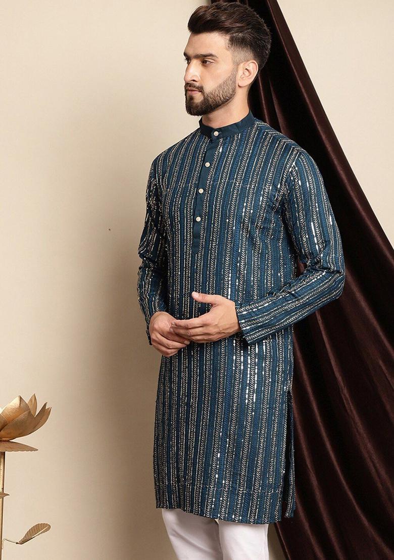 Blue Embroidered Cotton Kurta For Men - Indya