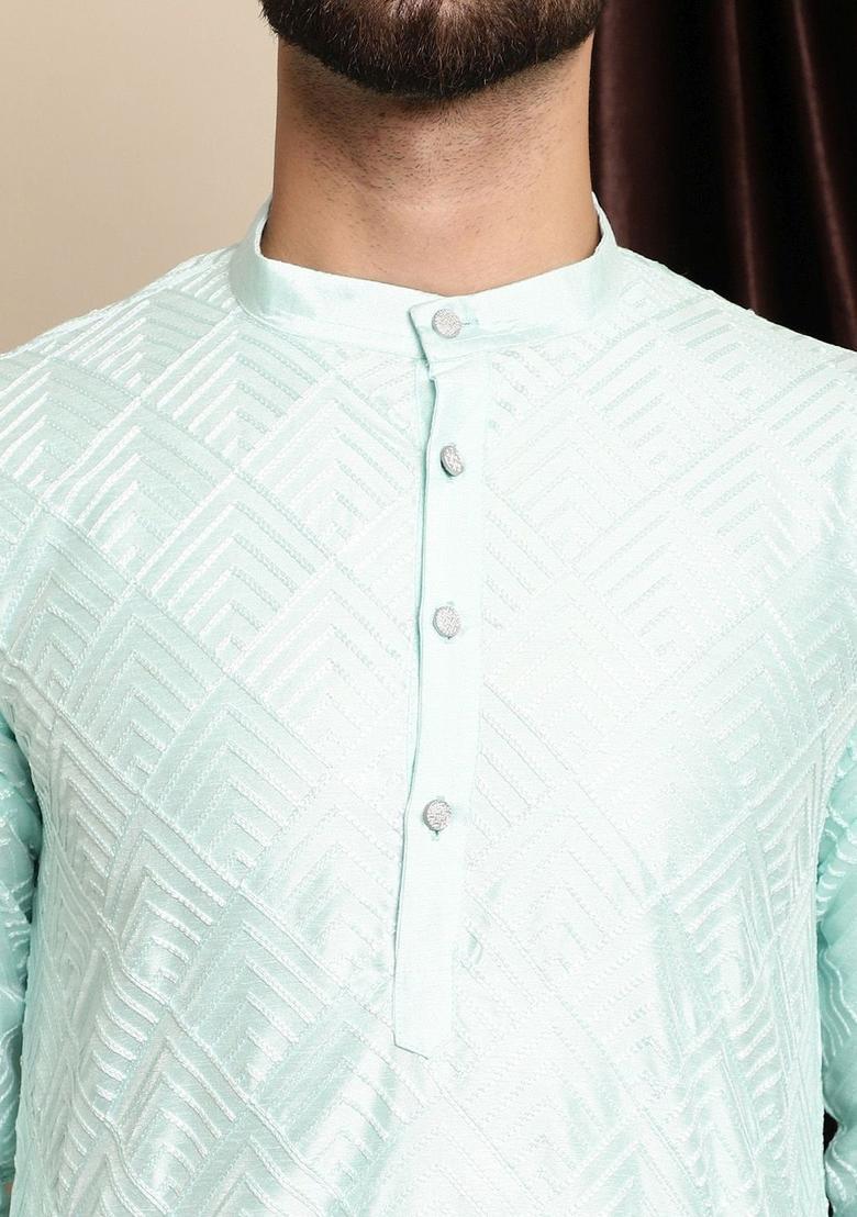 Green Embroidered Silk Kurta For Men - Indya