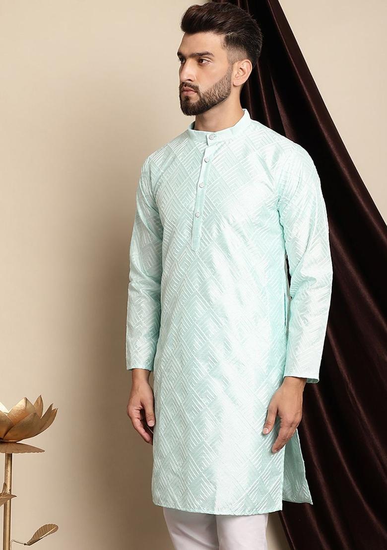Green Embroidered Silk Kurta For Men - Indya