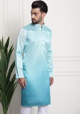 Green Woven Design Silk Kurta For Men