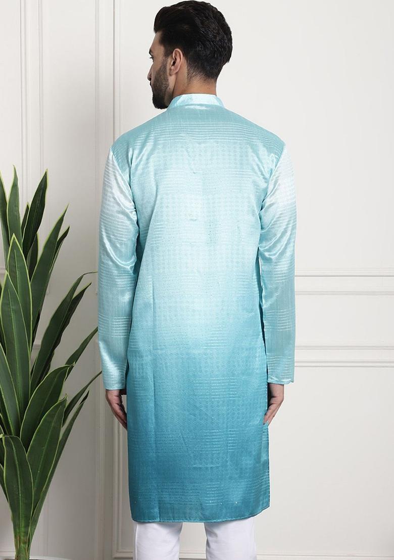 Green Woven Design Silk Kurta For Men - Indya