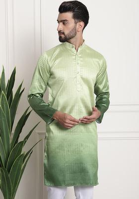 Green Woven Design Cotton Kurta For Men