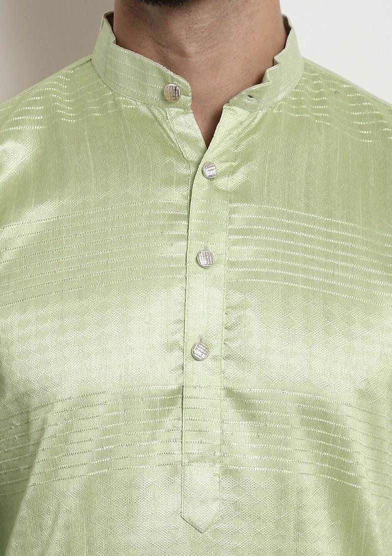 Green Woven Design Cotton Kurta For Men - Indya