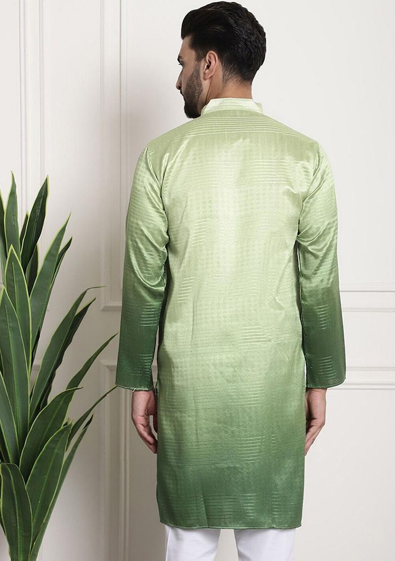 Green Woven Design Cotton Kurta For Men - Indya