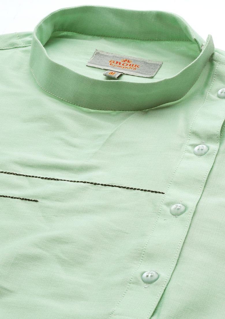 Green Embroidered Silk Kurta For Men - Indya