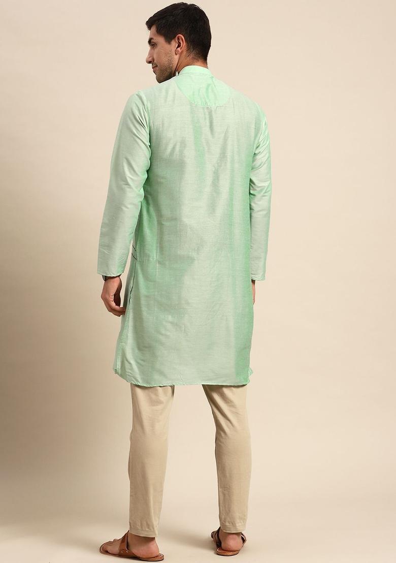 Green Embroidered Silk Kurta For Men - Indya