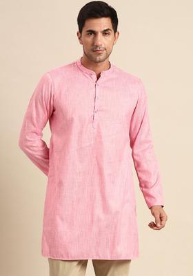 Pink Woven Design Silk Kurta For Men