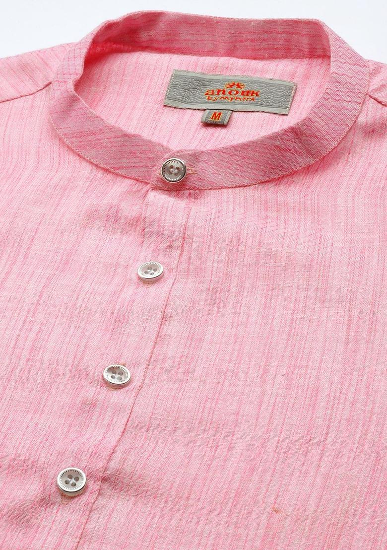 Pink Woven Design Silk Kurta For Men - Indya