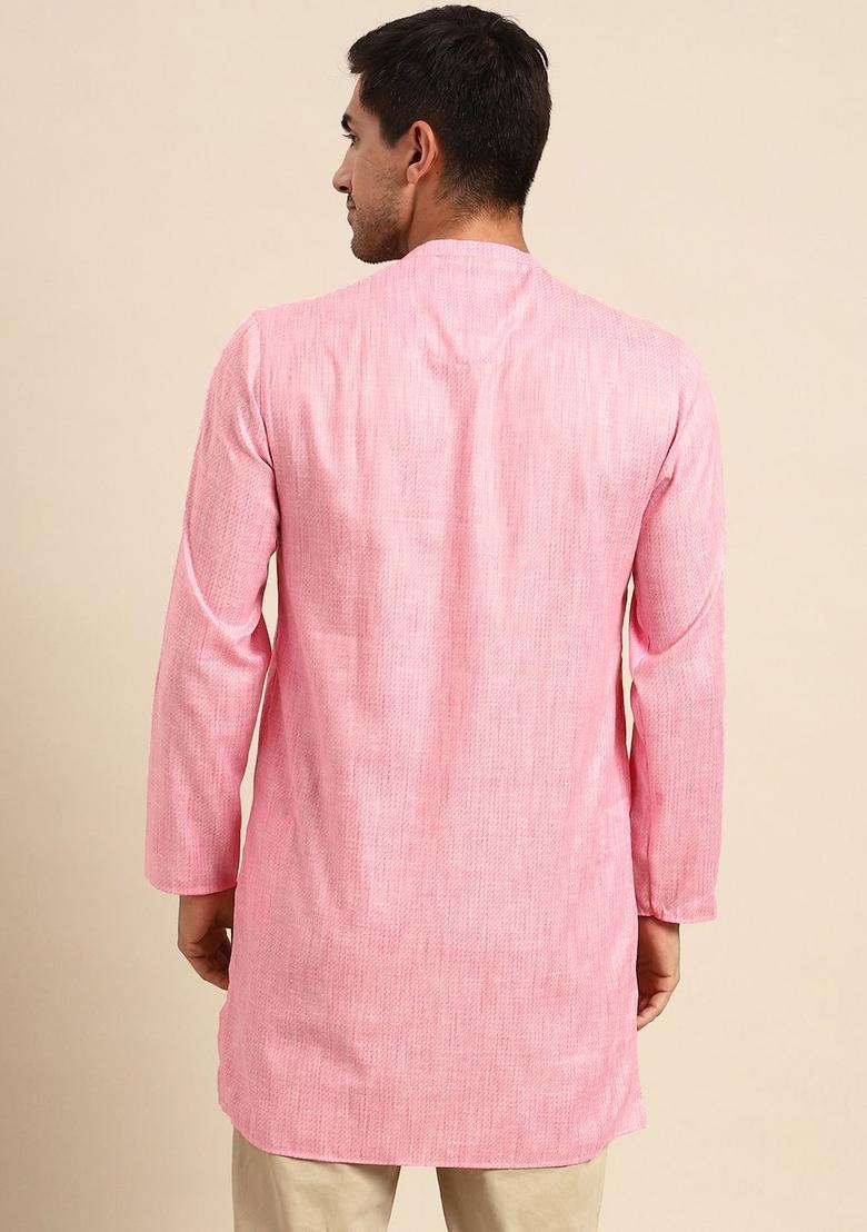 Pink Woven Design Silk Kurta For Men - Indya