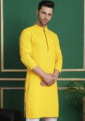 Yellow Embroidered Viscose Kurta For Men