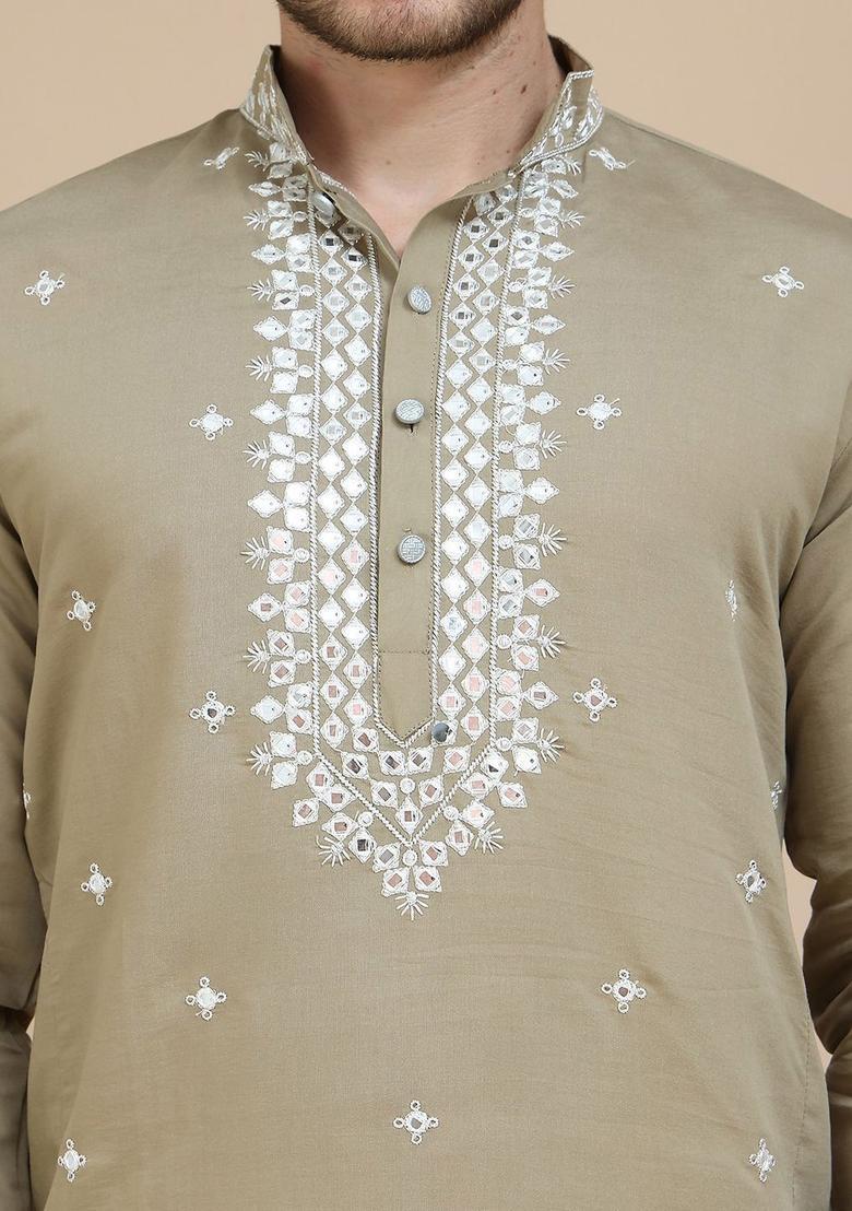 Brown Embroidered Silk Kurta For Men - Indya