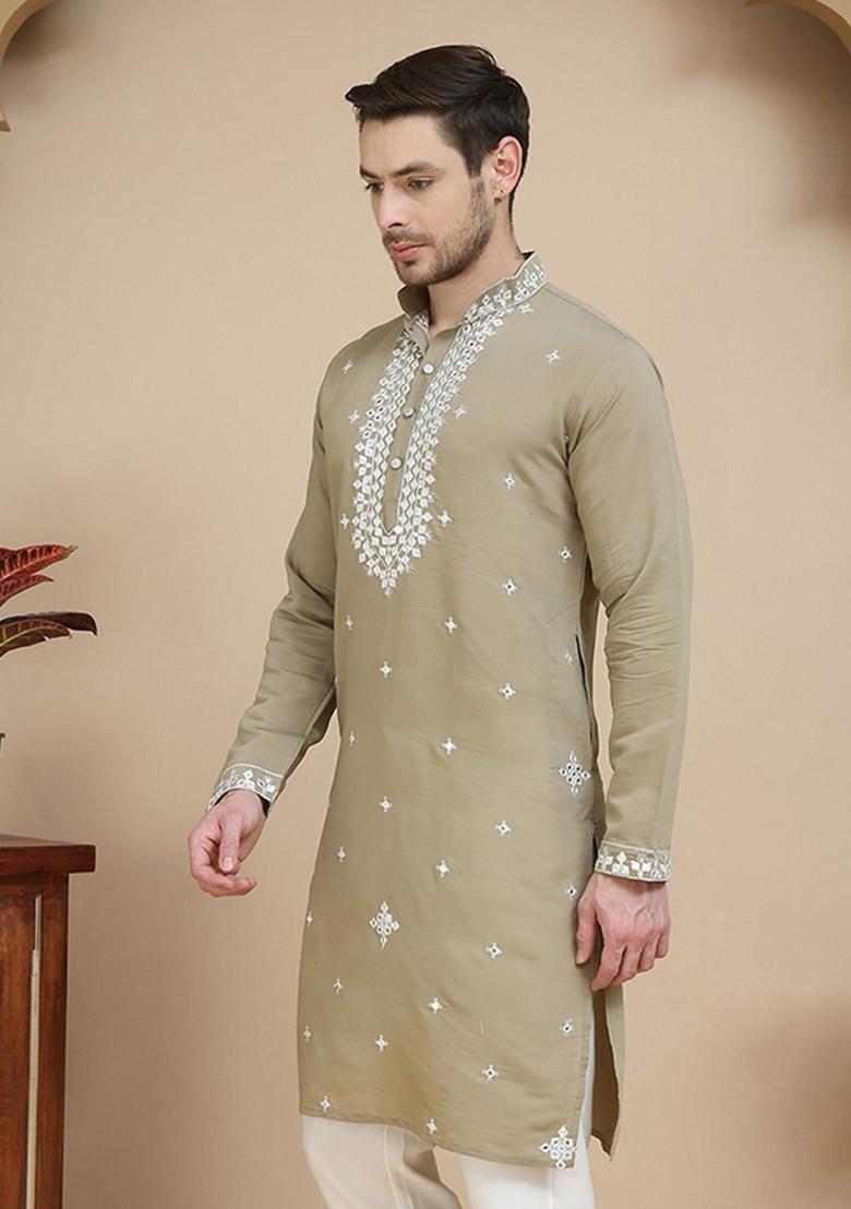 Brown Embroidered Silk Kurta For Men - Indya