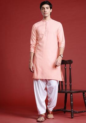 Peach Woven Design Polyester Kurta For Men