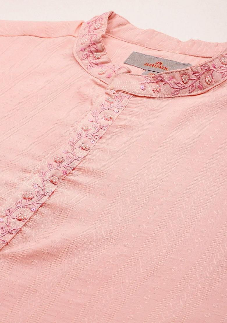 Peach Woven Design Polyester Kurta For Men - Indya