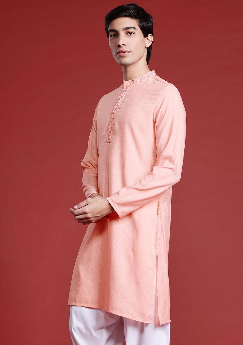 Peach Woven Design Polyester Kurta For Men - Indya