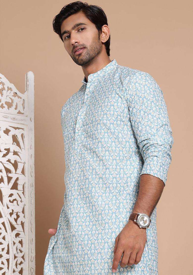 Blue Printed Cotton Kurta For Men - Indya