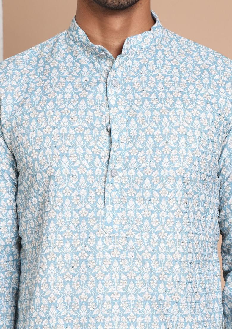 Blue Printed Cotton Kurta For Men - Indya
