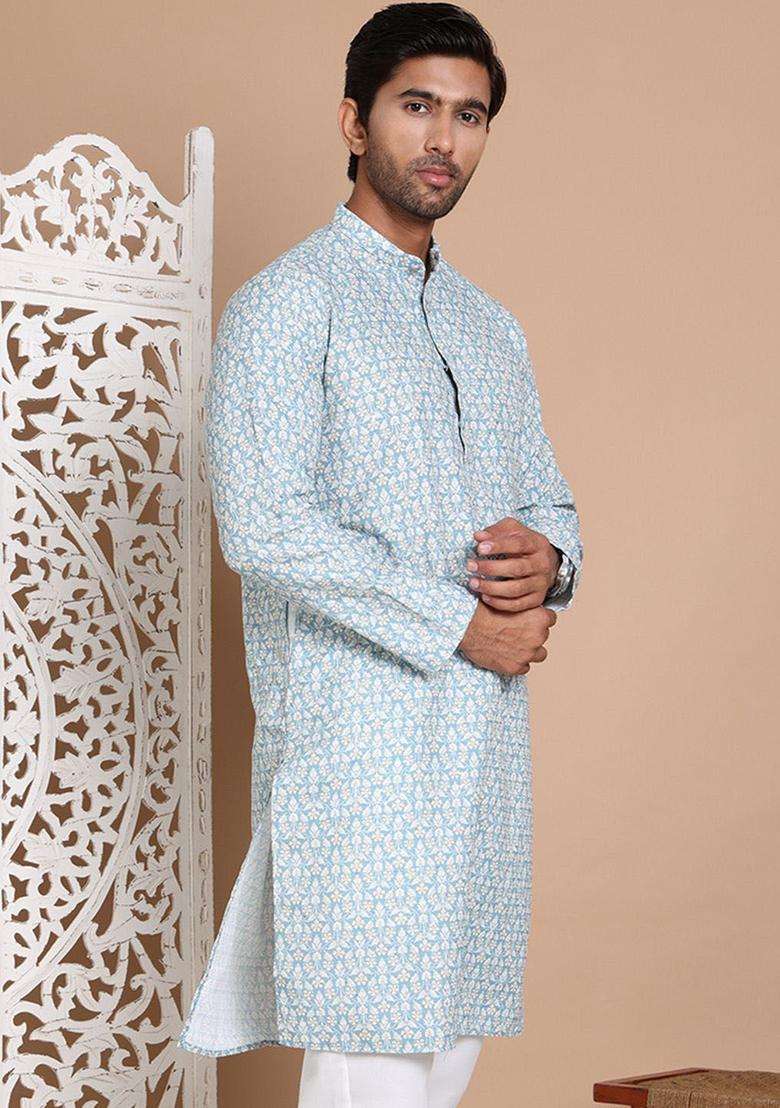 Blue Printed Cotton Kurta For Men - Indya