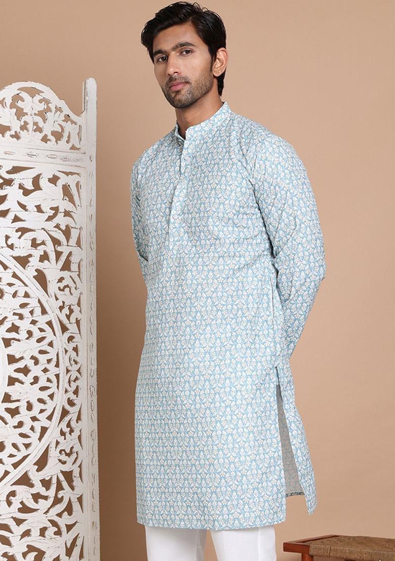 Blue Printed Cotton Kurta For Men - Indya