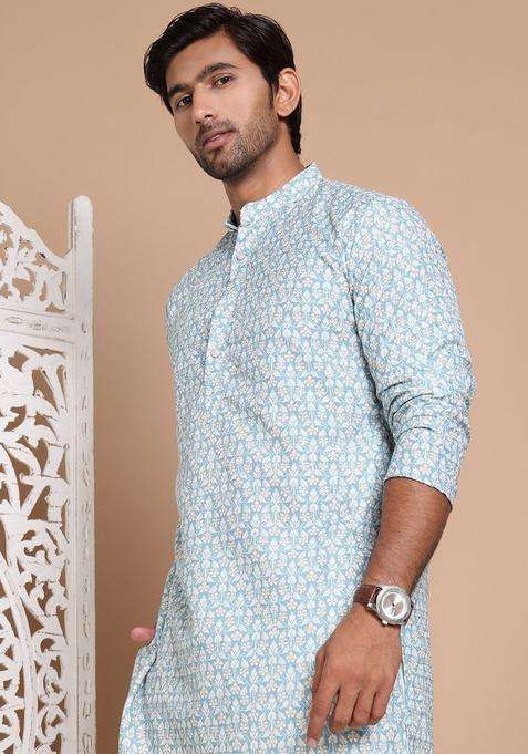 Blue Printed Cotton Kurta For Men