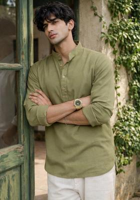 Olive Solid Cotton Kurta For Men