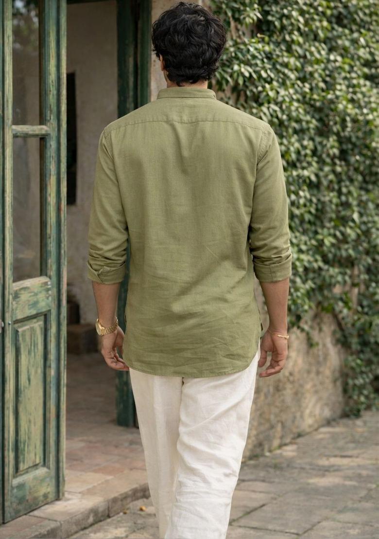Olive Solid Cotton Kurta For Men - Indya