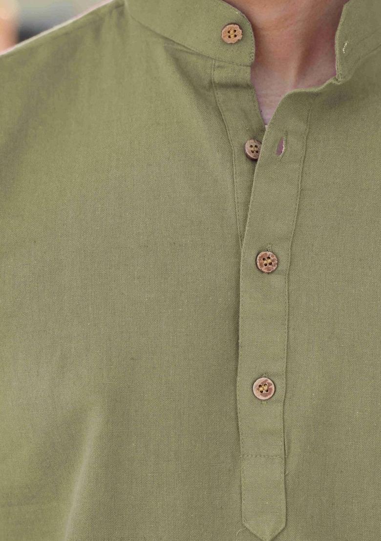 Olive Solid Cotton Kurta For Men - Indya