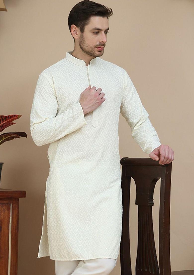 White Embroidered Cotton Kurta For Men - Indya