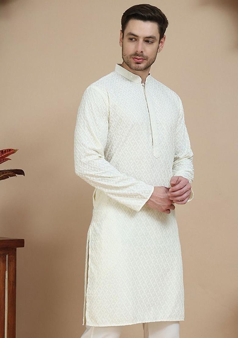 White Embroidered Cotton Kurta For Men - Indya