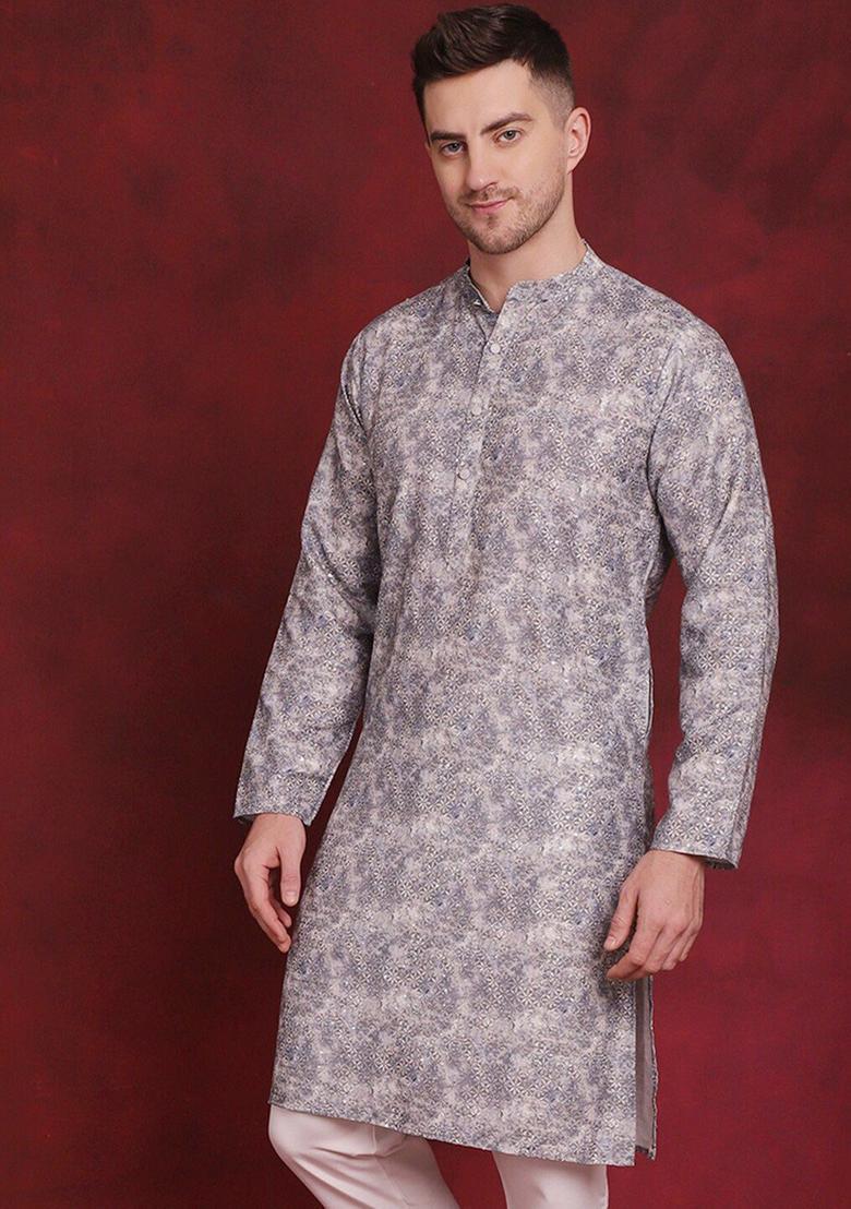 Grey Printed Cotton Kurta For Men - Indya