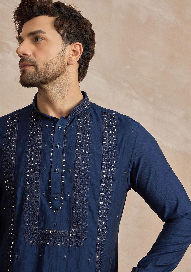 Blue Embroidered Viscose Kurta For Men - Indya