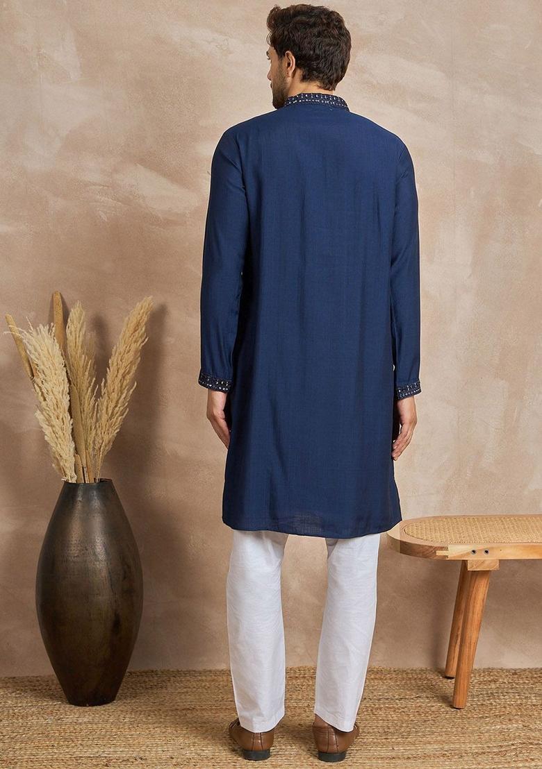Blue Embroidered Viscose Kurta For Men - Indya
