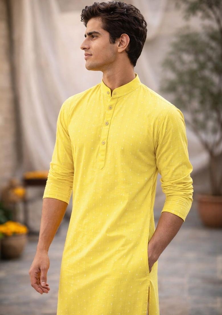 Yellow Printed Cotton Kurta For Men - Indya