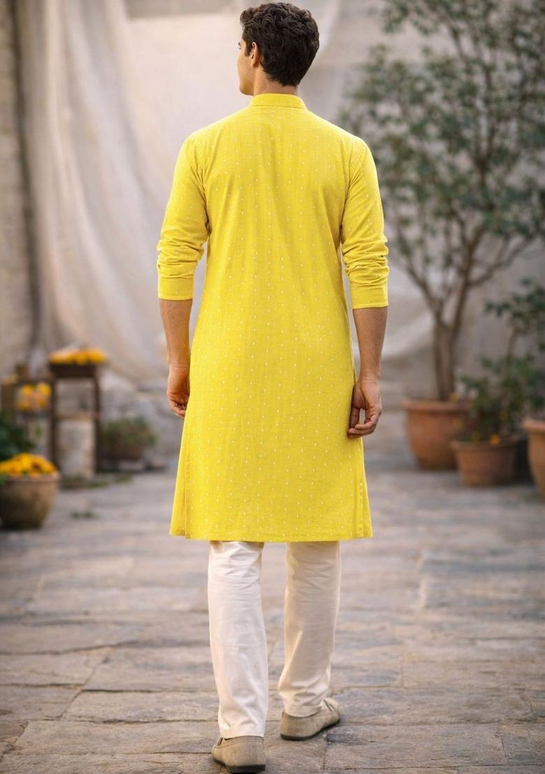 Yellow Printed Cotton Kurta For Men - Indya