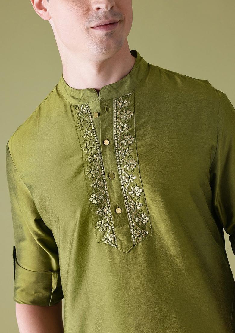 Olive Embroidered Polyester Kurta For Men - Indya