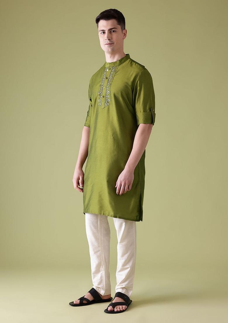 Olive Embroidered Polyester Kurta For Men - Indya