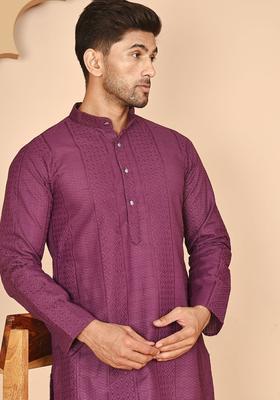 Purple Embroidered Cotton Kurta For Men