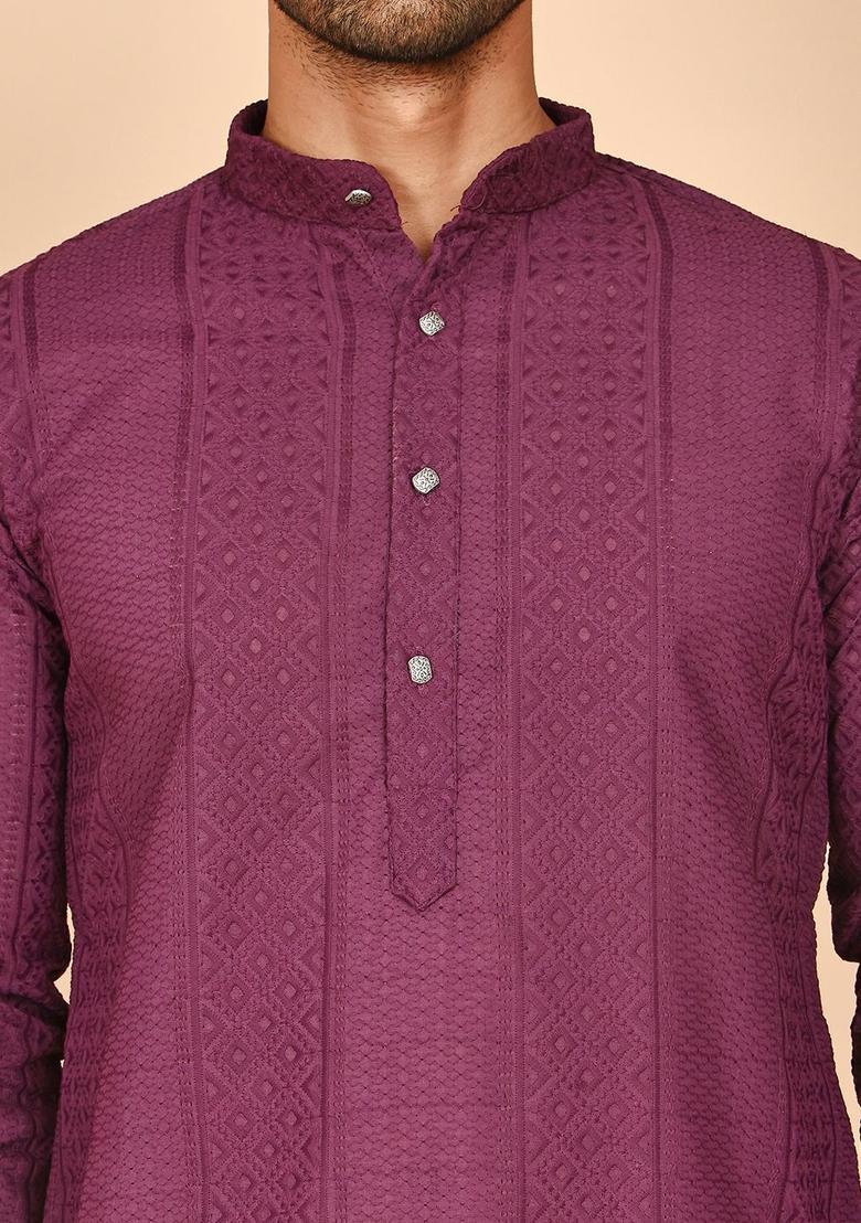 Purple Embroidered Cotton Kurta For Men - Indya